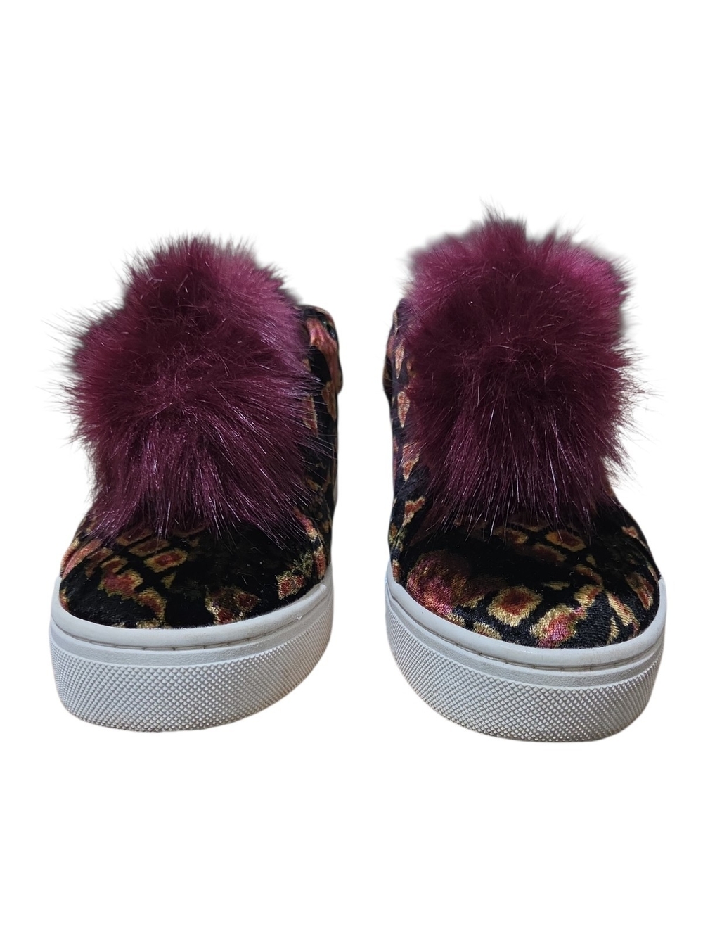 Sam Edelman Leya Black Velvet Slip On Sneakers with Burgundy Fur Pom Size 10M - Picture 3 of 10